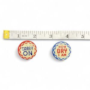 Vintage 1940s How Dry I Am Red & Carry On Checkered Carnival Pinback Button